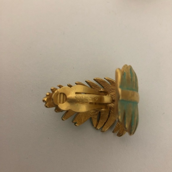 Vintage Givenchy Brushed Green & Goldtone Clip Earrings - Picture 4 of 5